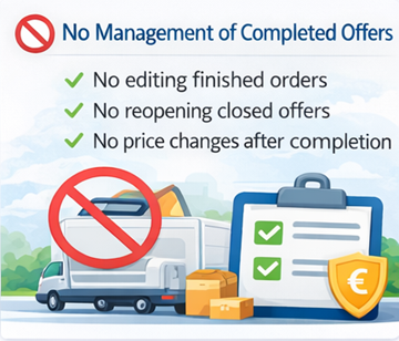 Illustrasjon som viser at sjåfører ikke kan redigere eller gjenåpne fullførte transporttilbud på ExusTrans-plattformen